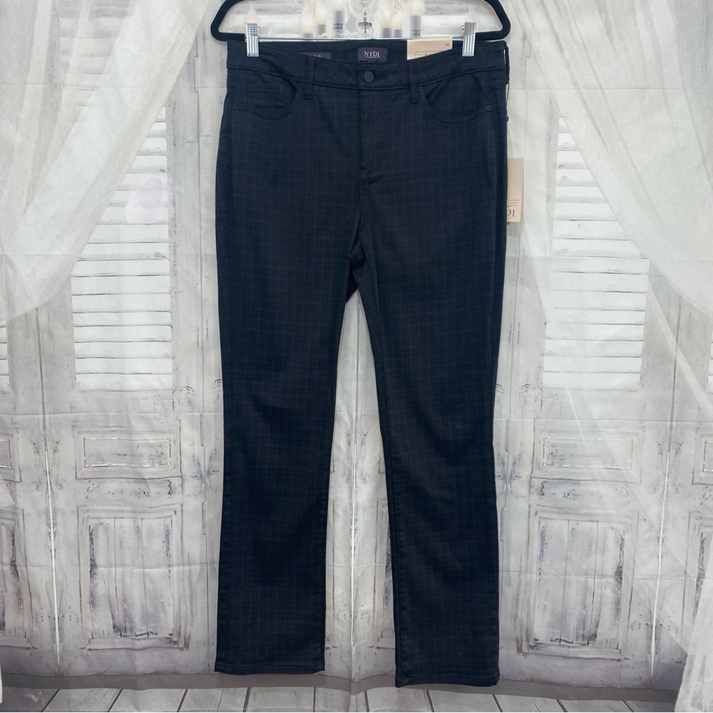 NYDJ Size 10 Black Plaid Sheri Slim Pants 30" Inseam Mid Rise Straight Leg